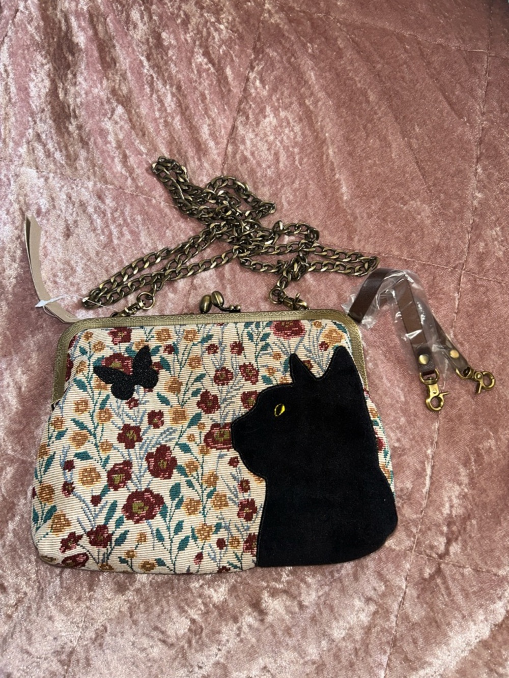 Black Cat Floral Tapestry Crossbody Bag